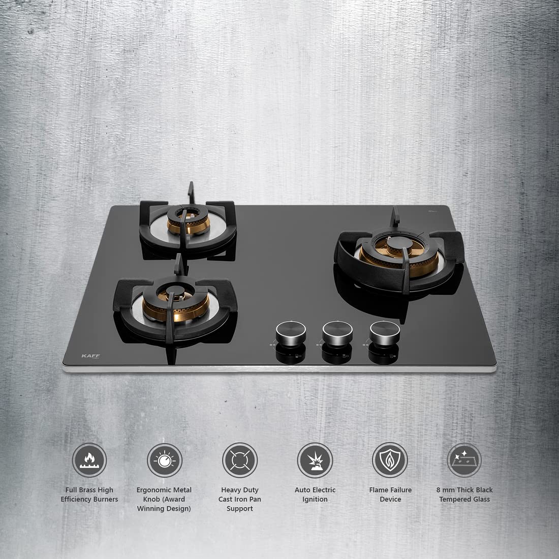 Kaff Bellini BLH 603 Built-in Hobs 3 Burners, Auto Electric Ignition Glass Top, 60 CM, Full Brass Burners, FFD (Flame Fa