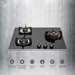 Kaff Bellini BLH 603 Built-in Hobs 3 Burners, Auto Electric Ignition Glass Top, 60 CM, Full Brass Burners, FFD (Flame Fa