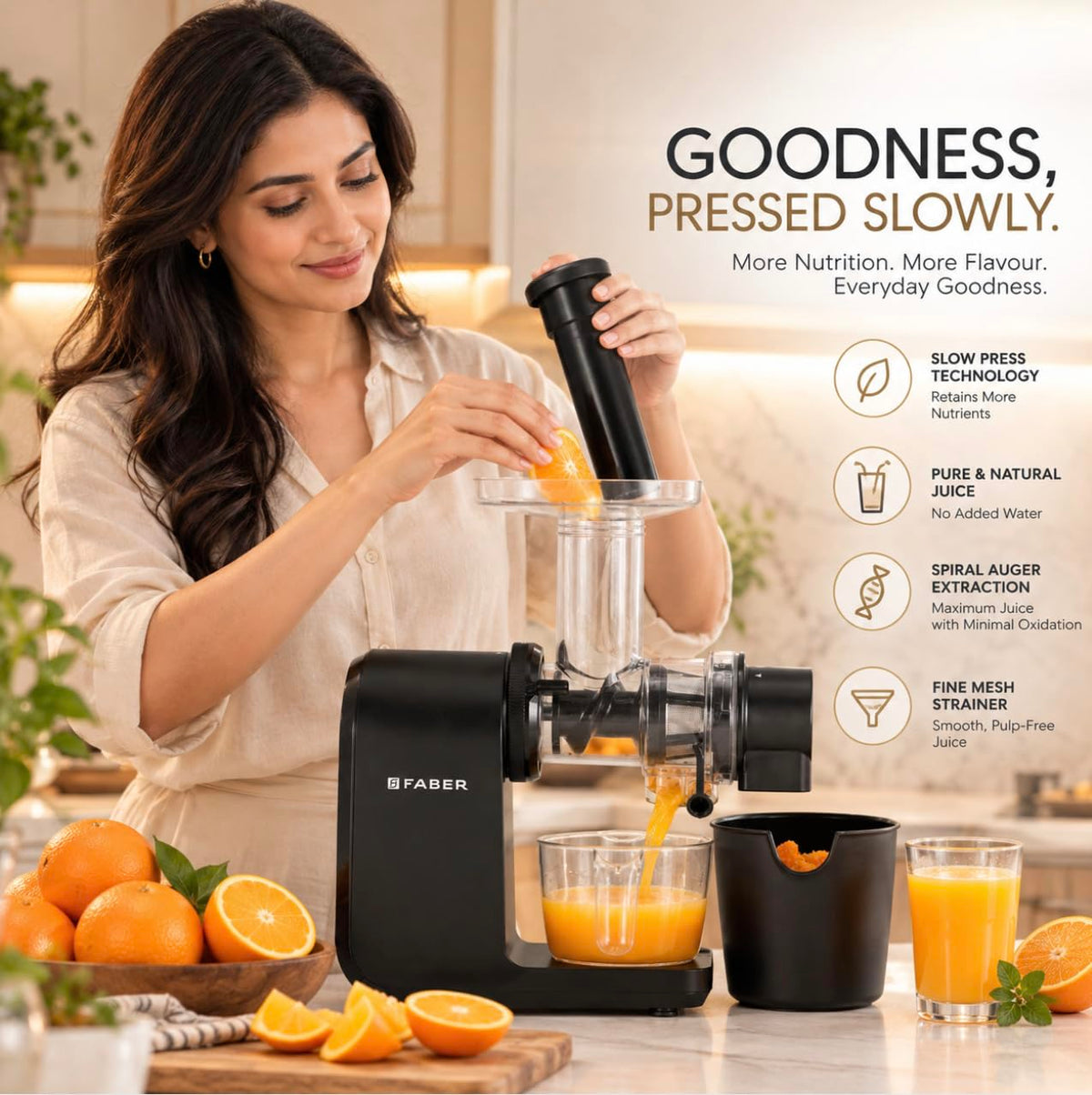Faber FSJ NutriSip 150 Cold Press Slow Juicer | 200 Watts Motor| Safety Protection System|Low Vibration|SS 304 Mesh Filt