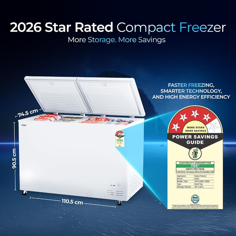 Haier HFC-320DPW4, Double Door Convertible Deep Freezer, 5 Side Freezing, Dual Condenser, Inside Metal Liner with 70mm Puff Thickness (White 310L)