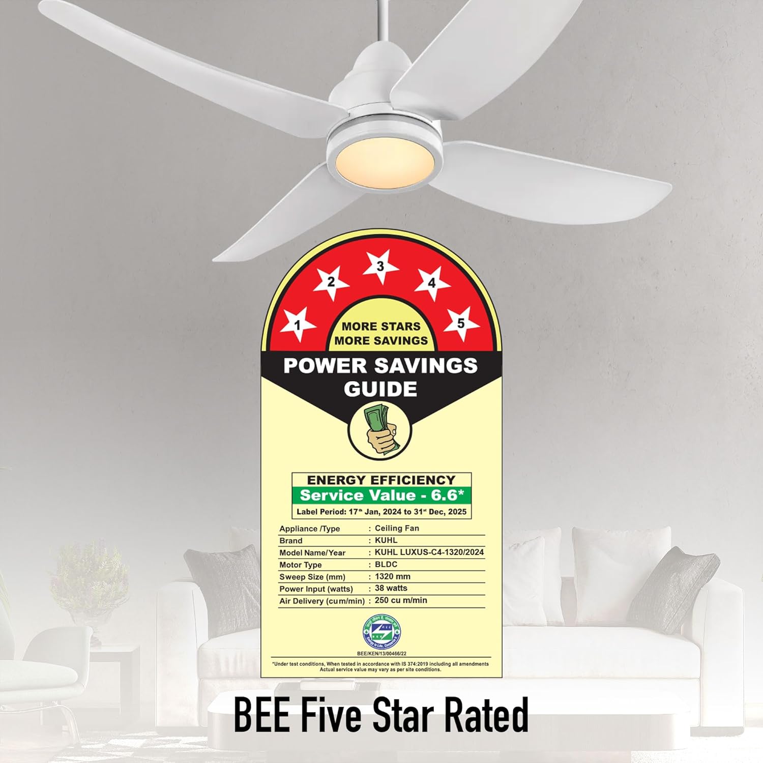 KUHL Luxus C4 1320mm Stylish 65% Power Saving BLDC Ceiling Fan with Remote|Night & Down Light 29W|BEE 5 Rated & ISI Marked|Low Noise|IoT –Operate via Mobile & Alexa|ReverseMode|FreeInstallation|White