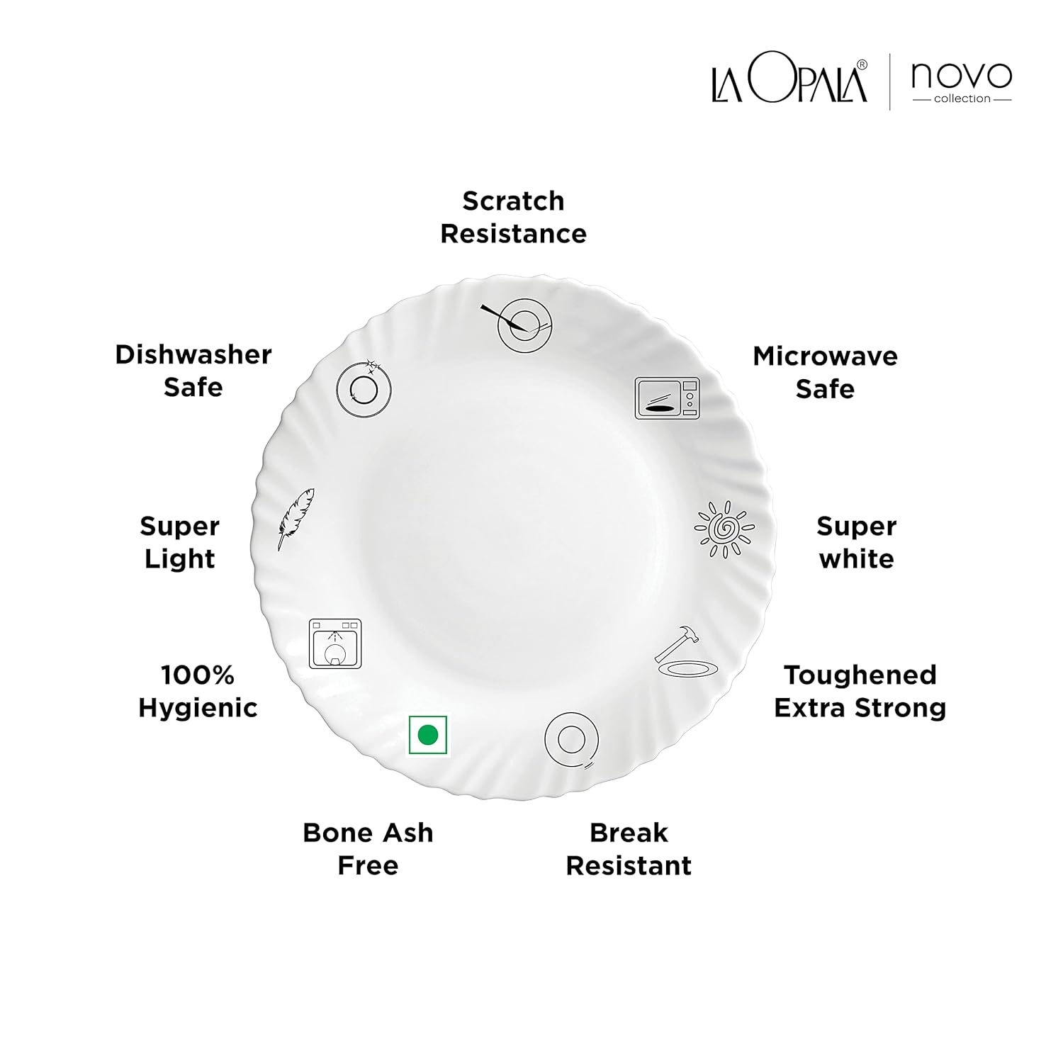La Opala Novo Collection Opal Glass Crockery | Full Plate Set of 6 | Petite Roses Design | Plates for Dining & Gifting | Microwave Safe | 100% Vegetarian | Extra Strong | Super Light & White