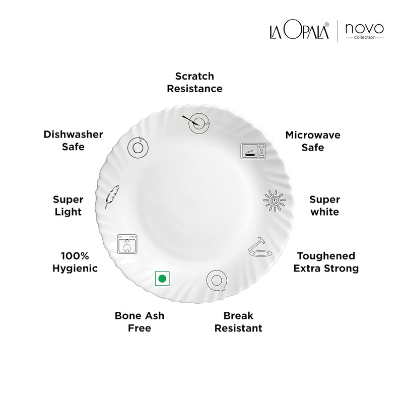 La Opala Novo Collection Opal Glass Crockery | Full Plate Set of 6 | Petite Roses Design | Plates for Dining & Gifting | Microwave Safe | 100% Vegetarian | Extra Strong | Super Light & White