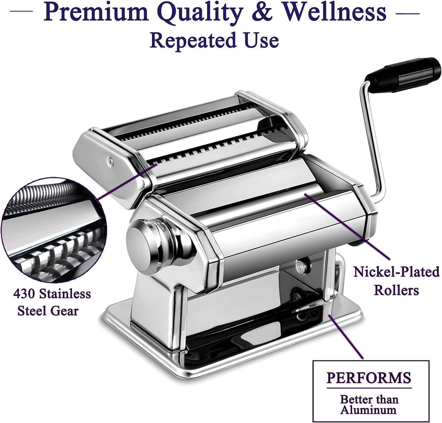Pasta Maker, 150 Roller Pasta Machine, 7 Adjustable Thickness Settings Noodles Roller with 2-in-1 Noodles Maker with Rollers and Cutter, Perfect for Spaghetti,Fettuccini, Lasagna or Dumpling Skins (smooth silver)