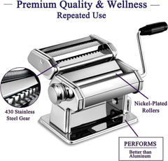 Pasta Maker, 150 Roller Pasta Machine, 7 Adjustable Thickness Settings Noodles Roller with 2-in-1 Noodles Maker with Rollers and Cutter, Perfect for Spaghetti,Fettuccini, Lasagna or Dumpling Skins (smooth silver)