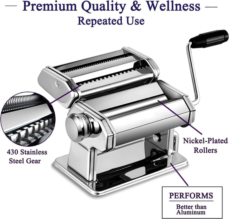 Pasta Maker, 150 Roller Pasta Machine, 7 Adjustable Thickness Settings Noodles Roller with 2-in-1 Noodles Maker with Rollers and Cutter, Perfect for Spaghetti,Fettuccini, Lasagna or Dumpling Skins (smooth silver)