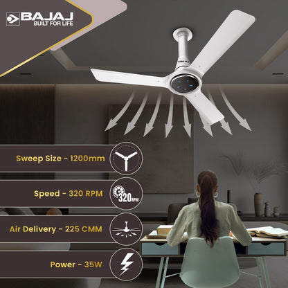 Bajaj Eurostos 1200 MM 5 Star Rated BLDC Ceiling Fans For Home | BEE Stars Rated Energy Efficient Ceiling Fan | Remote Controlled | Soothing Colour Indication | 2 Years Warranty 【White】