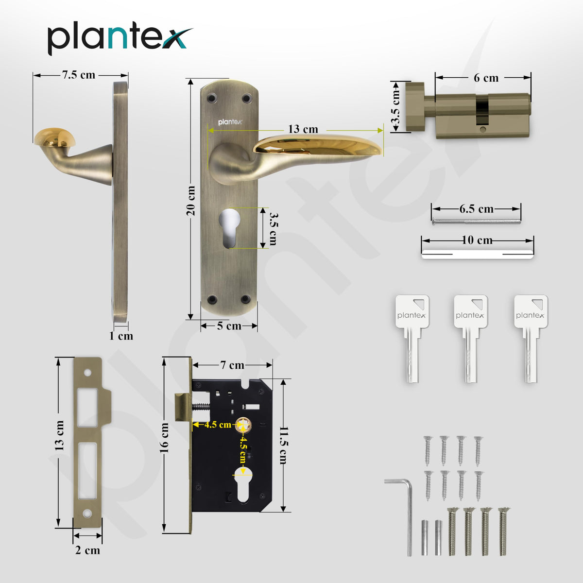 Plantex Heavy-Duty Door Lock/Door Handle Lock Set 6-Lever Lock Mechanism/Mortise Lock with 3 Keys, Brass Lockbody & Cylinder (8134 - Brass Antique & PVD Gold)-6