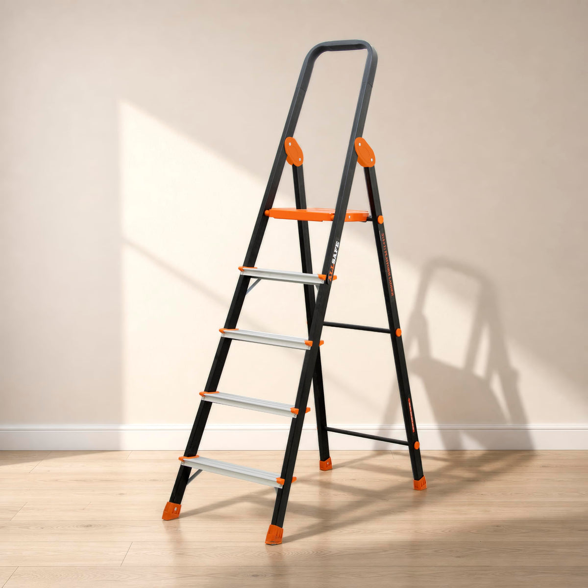 Plantex Allsafe Aluminium Step Ladder for Home/5 Step Anti Skid Ladder/Wide Step Ladder (Black & Orange)
