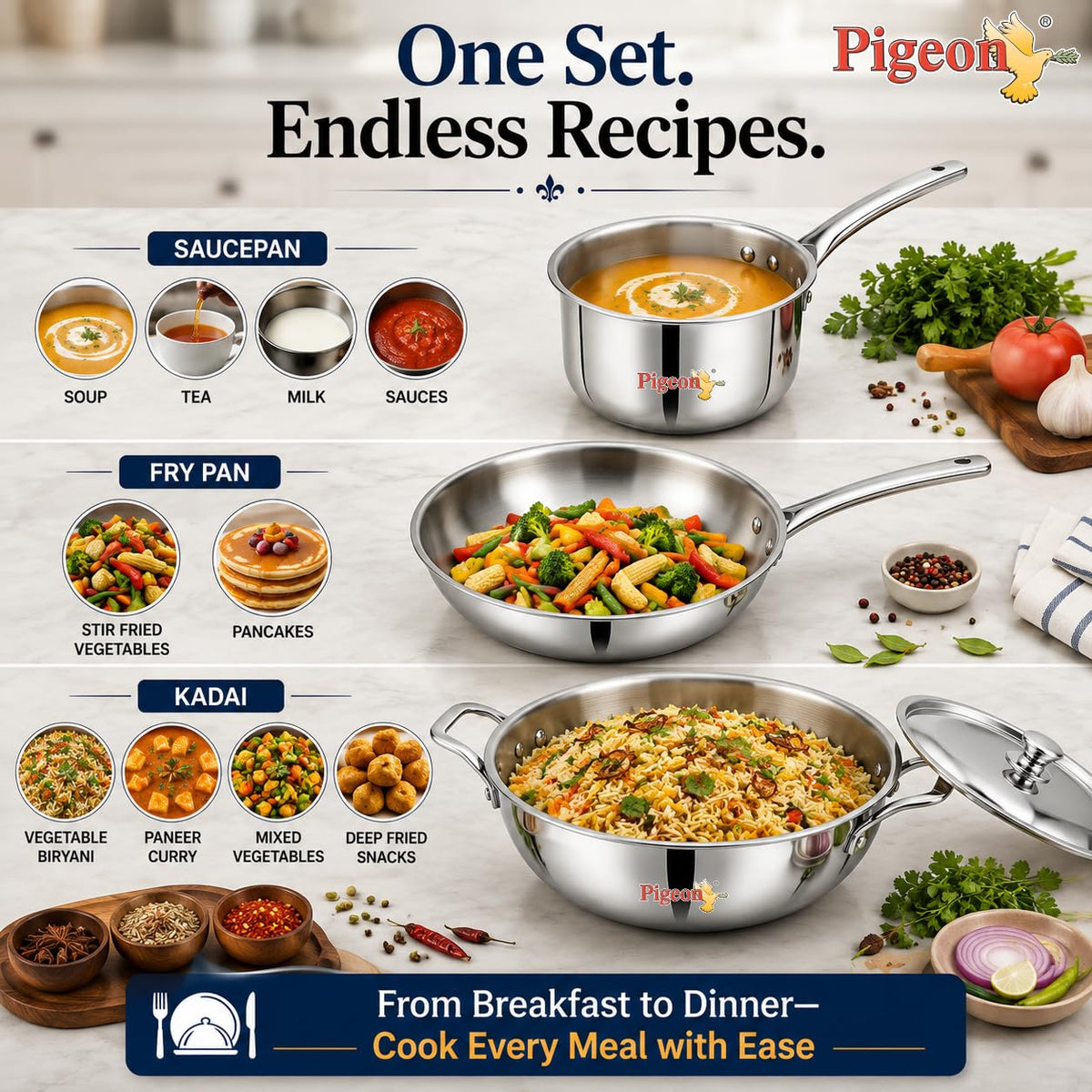 Pigeon Trinity Triply Stainless Steel 4 Pc Cookware Set - Triply Kadai 2100ml with Common Lid | Fry Pan 1200ml | Saucepa