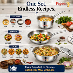 Pigeon Trinity Triply Stainless Steel 4 Pc Cookware Set - Triply Kadai 2100ml with Common Lid | Fry Pan 1200ml | Saucepa