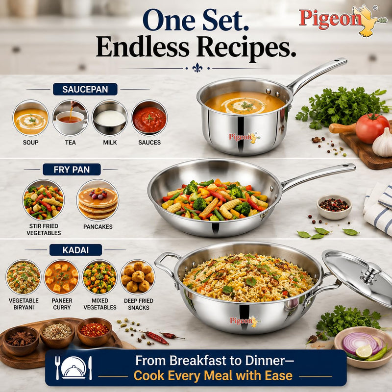 Pigeon Trinity Triply Stainless Steel 4 Pc Cookware Set - Triply Kadai 2100ml with Common Lid | Fry Pan 1200ml | Saucepa