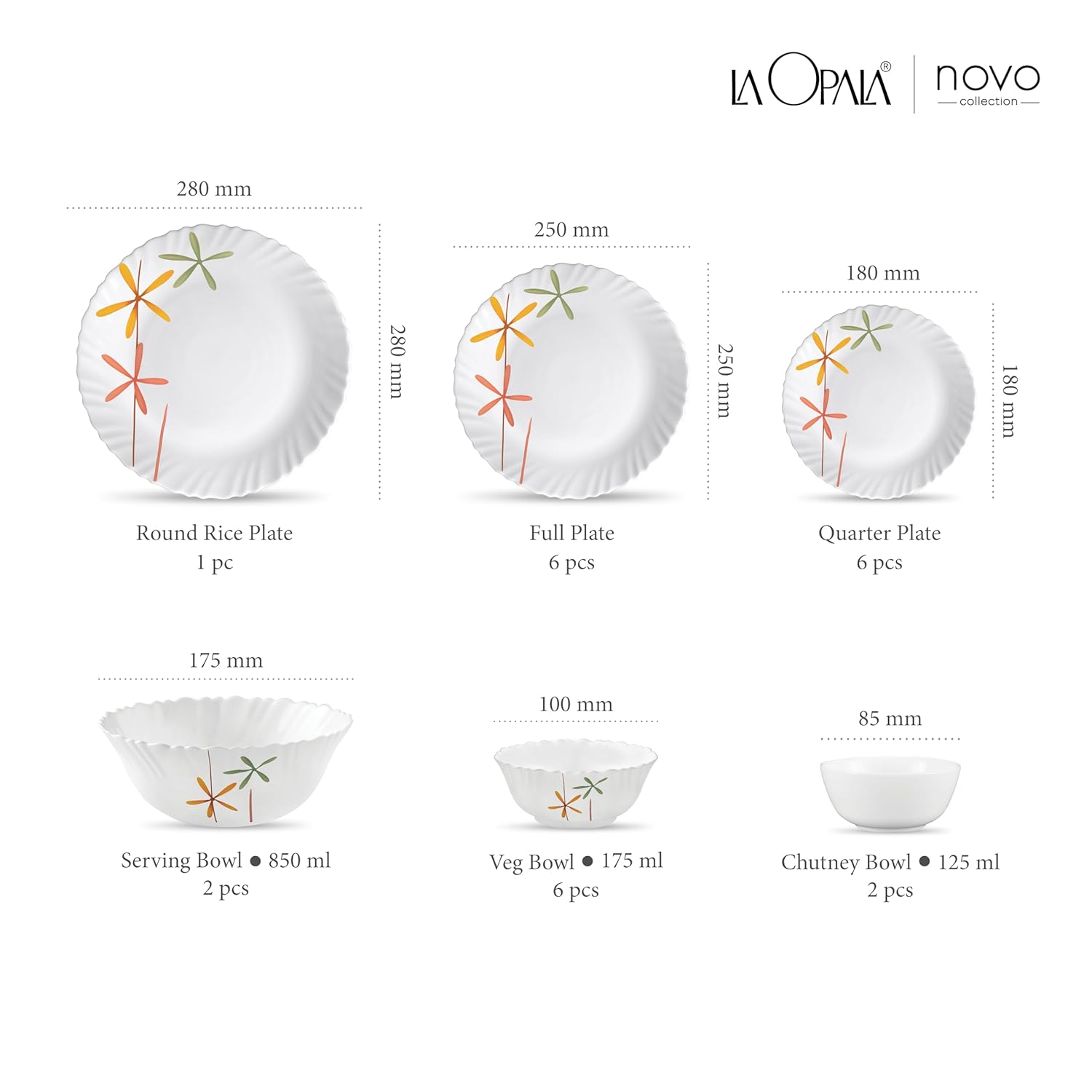 La Opala Novo Collection Opal Glass Crockery | for Family of 6 | Dinner Set 23 pcs Autumn Flower | Plates & Bowls for Dining | Microwave Safe | 100% Vegetarian | Extra Strong | Light & White
