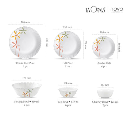 La Opala Novo Collection Opal Glass Crockery | for Family of 6 | Dinner Set 23 pcs Autumn Flower | Plates & Bowls for Dining | Microwave Safe | 100% Vegetarian | Extra Strong | Light & White