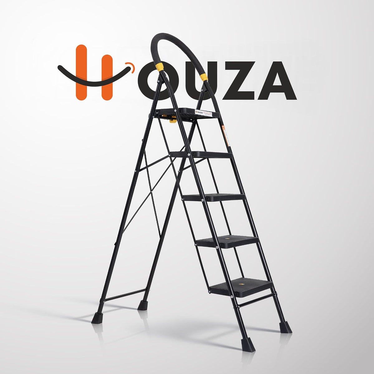 HOUZA Steel Ladder for Home 5 Steps Foldable with Anti-Skid Wide Steps (30cm x 20cm) | 5 Step Ladder for Home Use with Secure Lock | 150 Kg Load Capacity Folding Ladder | 5 Year Warranty (Black)