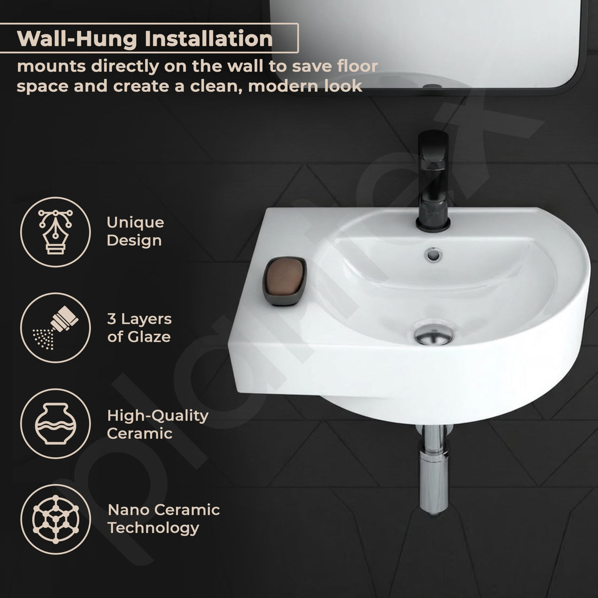 Plantex Ceramic Wall Hung Basin/Washbasin for Bathroom/Wall Mount Corner Wash Basin/Glossy Small Sink with 10 Years Glaze Warranty by Plantex (Orca - 17x12x6 inch)-2