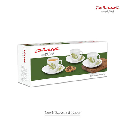 La Opala Diva, Opal Glass Crockery | Cup & Saucer Victoria, Set of 12 | Royal Iris, 160 ml | for Tea & Coffee | Microwave Safe | 100% Vegetarian | Extra Strong | Super Light | Super White