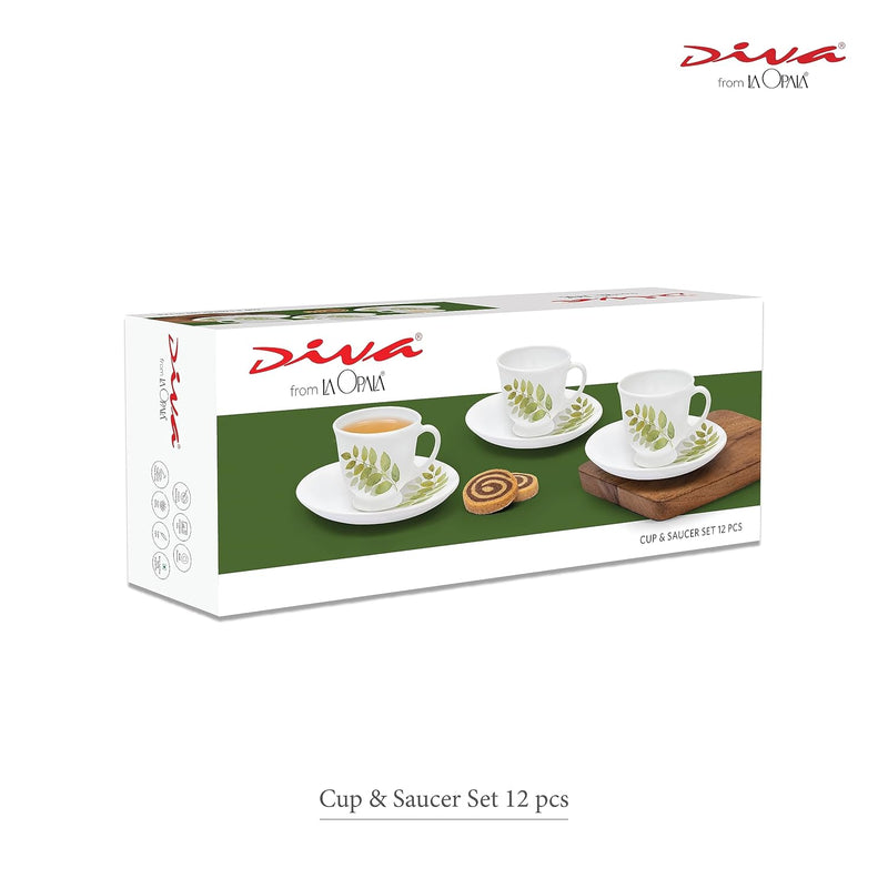 La Opala Diva, Opal Glass Crockery | Cup & Saucer Victoria, Set of 12 | Royal Iris, 160 ml | for Tea & Coffee | Microwave Safe | 100% Vegetarian | Extra Strong | Super Light | Super White