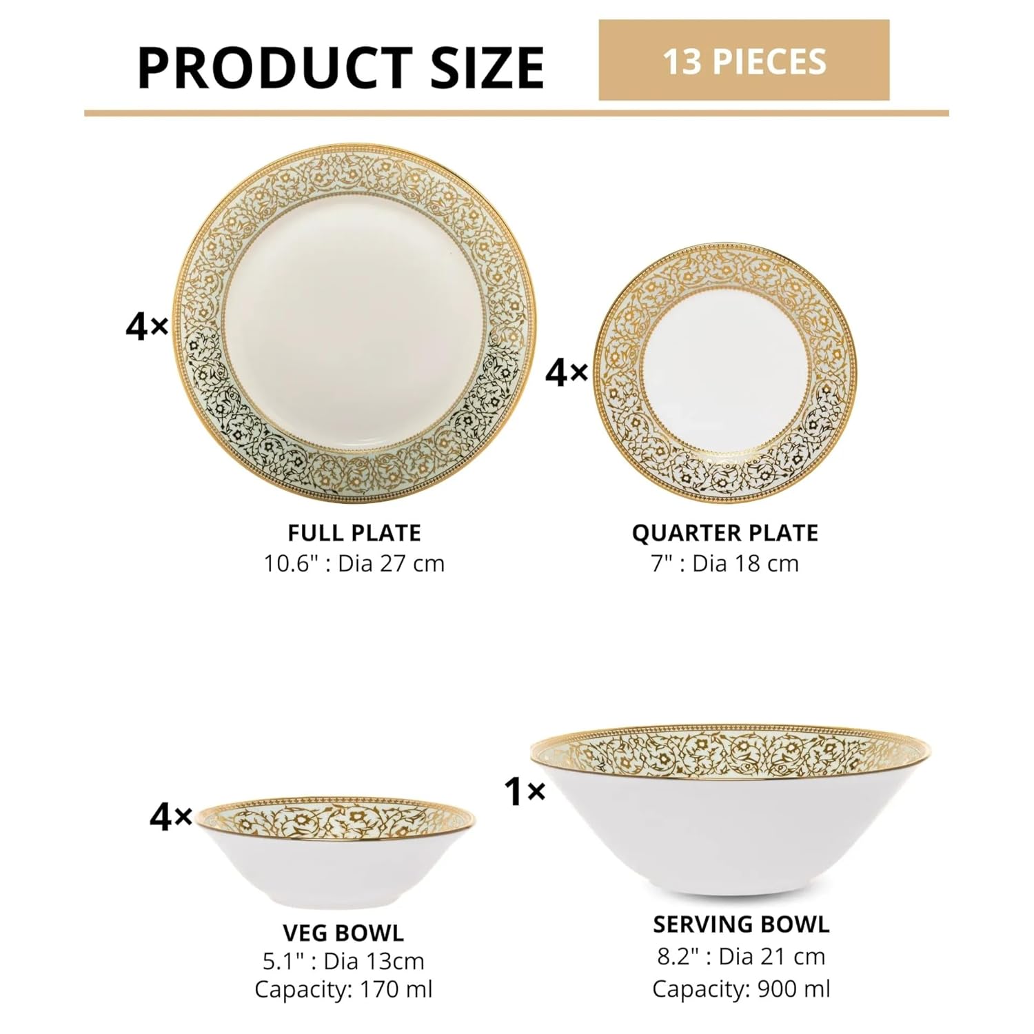 Clay Craft Fine Ceramic Ebony Dinner Set, Enchanting Gold, for Family of 4, Dinner Set Ceramic, Crockery Set, Dining Set for Dinner, Crockery Set for Gift, Kitchen Set (13 Pieces, E647)