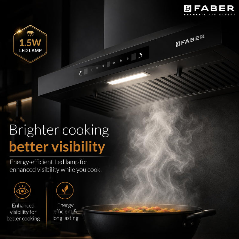 Faber Pluto 60 cm 1000 m³/hr Wall Mounted Kitchen Chimney | Baffle Filter | Touch Control | LED Lights | 1 Year Comprehe