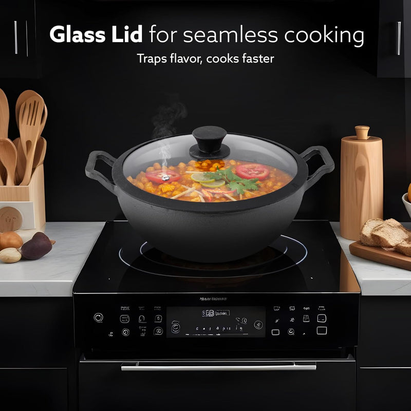 AGARO Royal Pre Seasoned Cast Iron Kadai with Glass Lid, No Chemical Coating, Rigid Iron Handle, 4.3L, Uni-Body Design, Fast Heating, Heavy Weight, Gas & Induction Oven Compatible, Cooking, Black