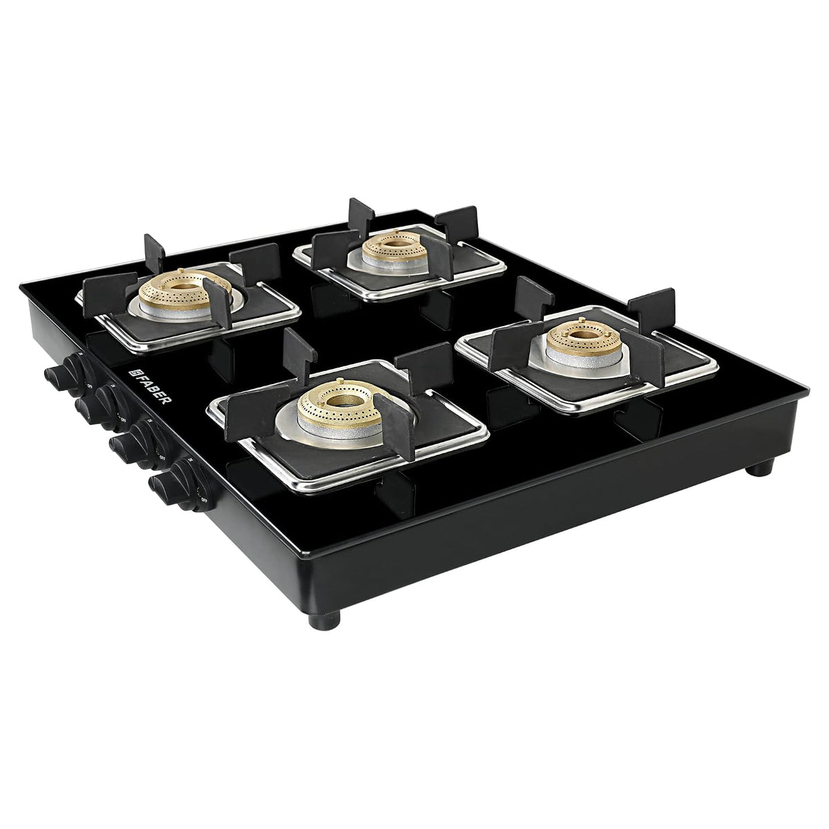 Faber Glass Top 4 Burner Gas Stove (Hob Cooktop Pearl 4BB BK) with Jumbo Burner, Diamond Coated Pan Support, Manual Igni