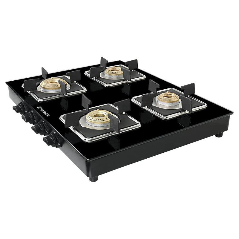 Faber Glass Top 4 Burner Gas Stove (Hob Cooktop Pearl 4BB BK) with Jumbo Burner, Diamond Coated Pan Support, Manual Igni
