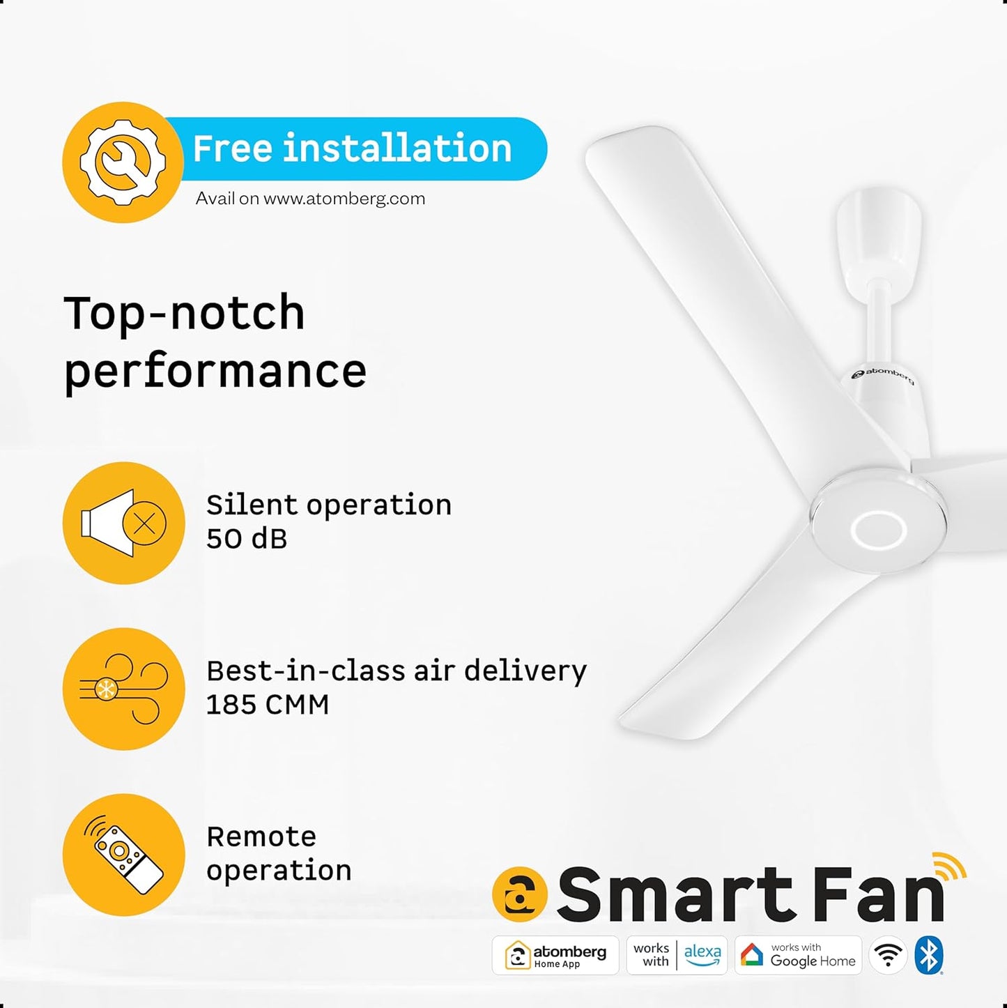 atomberg Aris Contour Smart 900mm Voice Controlled BLDC Ceiling Fan with Remote |BEE 5 star| Best-in-class Air Flow |Silent Operation| Designer Fan | Free Installation | 5 Year Warranty | Marble White