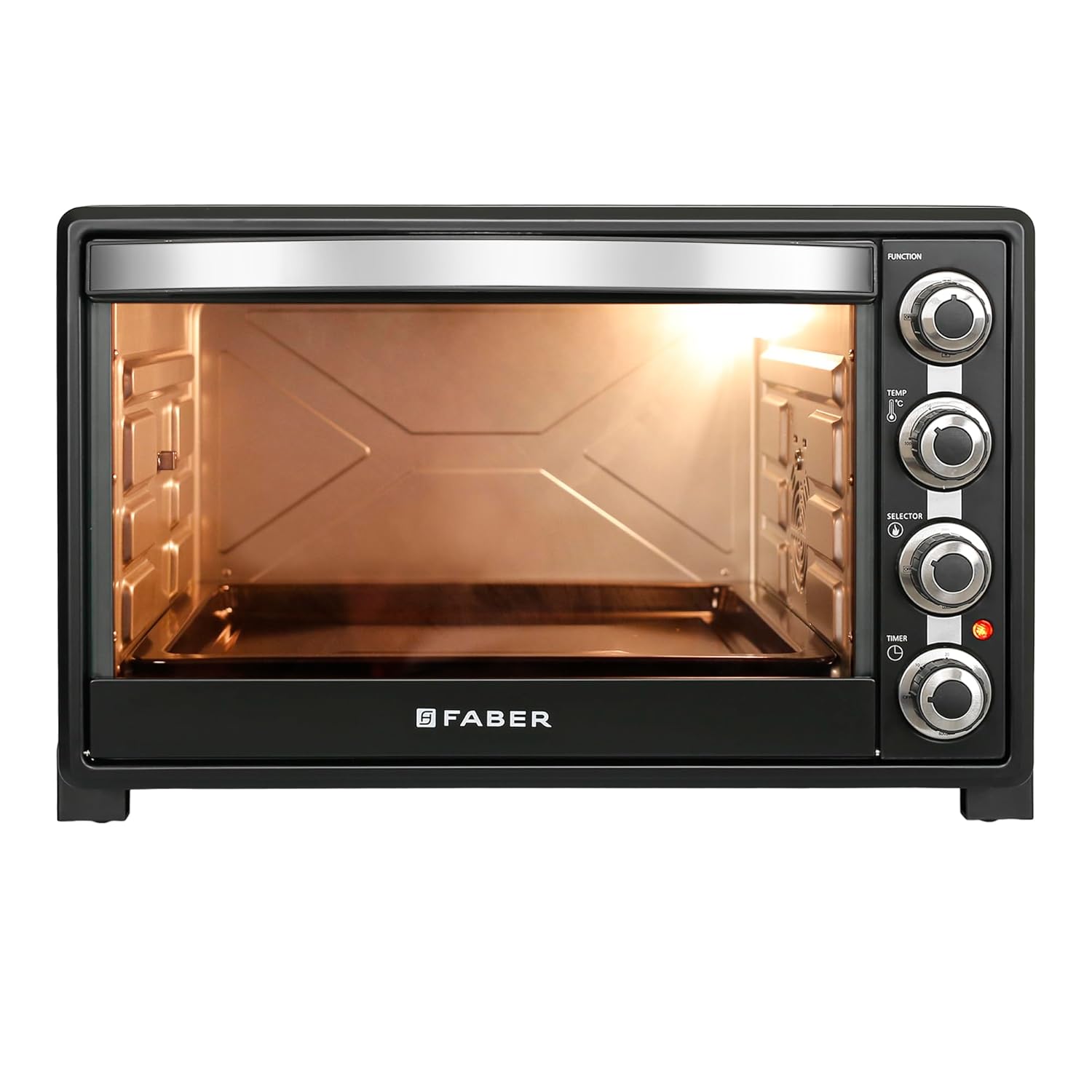 Faber 60L 2200W OTG | Bake, Toast, Roast, Grill | 4 Heating Functions, Upper & Lower Heating, Rottisserie, 360° Convection| Indicator Light, Auto Shut-Off, Ready Bell | Removable Crumb Tray | (Black)