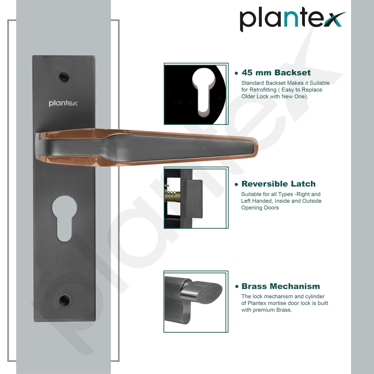 Plantex Heavy Duty Door Lock Set - Main Door Lock Handle Set/Mortise Locks with 3 Keys, Brass Body & Cylinder (8064 - Grey & PVD Choco)-6