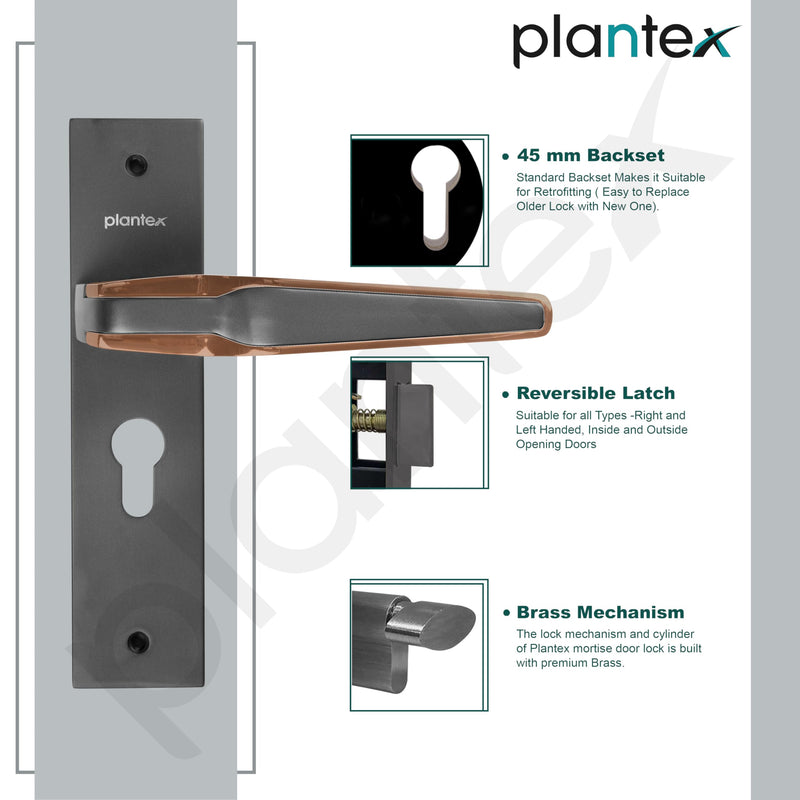 Plantex Heavy Duty Door Lock Set - Main Door Lock Handle Set/Mortise Locks with 3 Keys, Brass Body & Cylinder (8064 - Grey & PVD Choco)-6