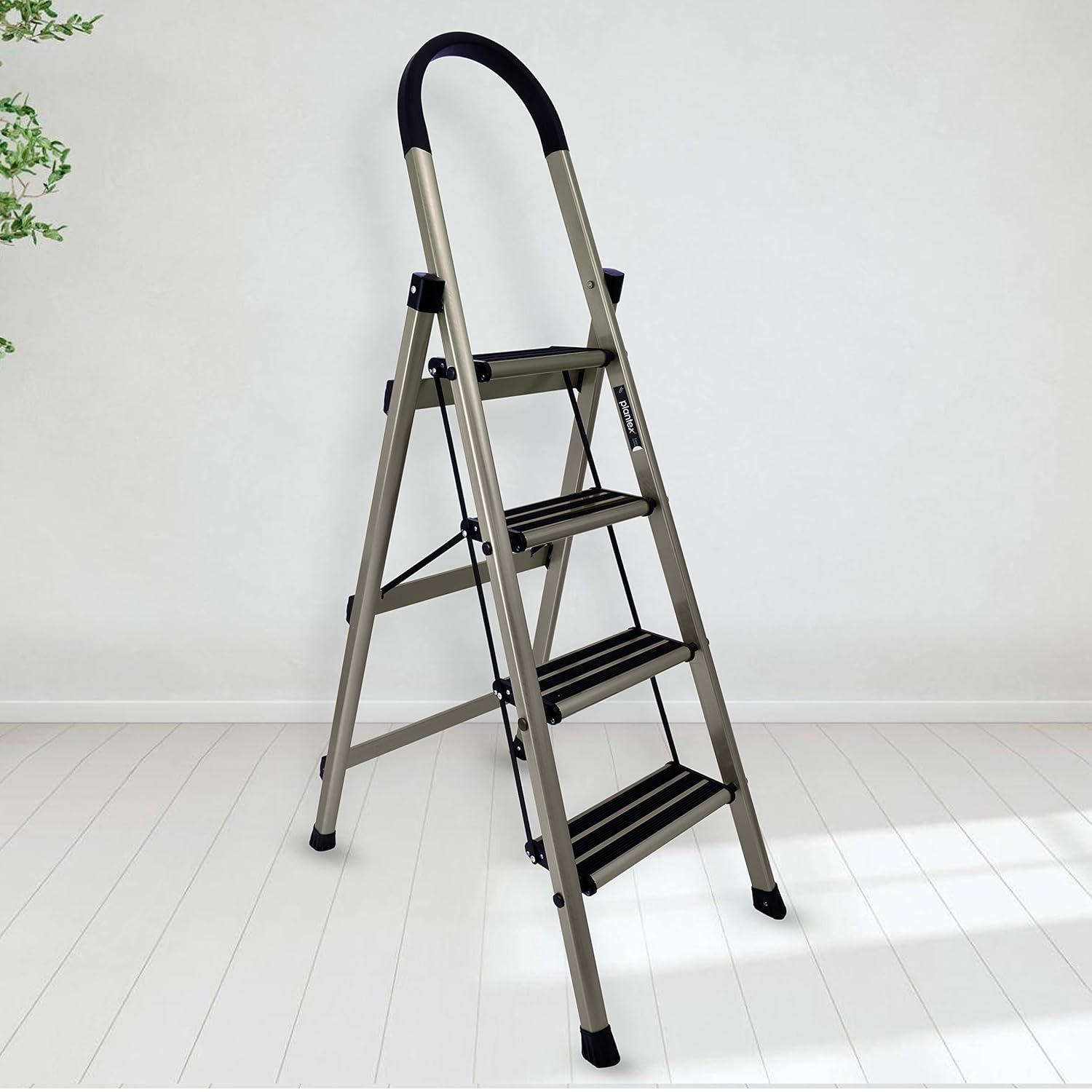 Plantex Guardex 4 Step Foldable Aluminum Ladder for Home/Ladder with Anti-Slip Shoes and Edge Guards/5 Year Manufacturer Warranty (Anodize Coated-Gold)