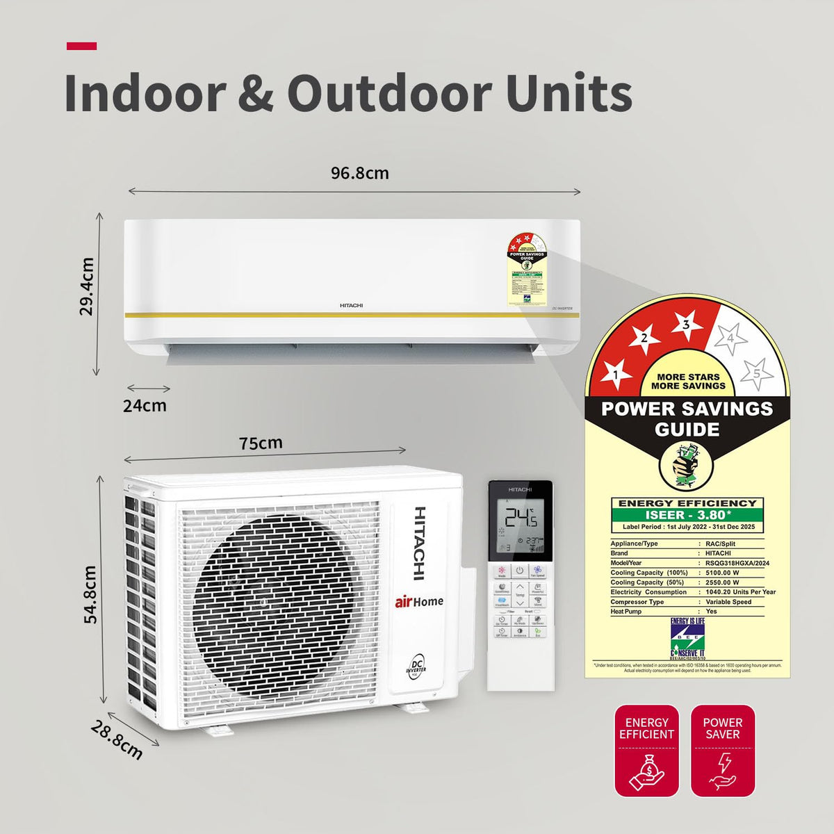 Hitachi Smart Choice 1.5 Ton 3 Star Hot & Cold Inverter Split AC with Expandable Technology (100% Copper, Dust Filter, 3100HP RSQG318HGXA, White)