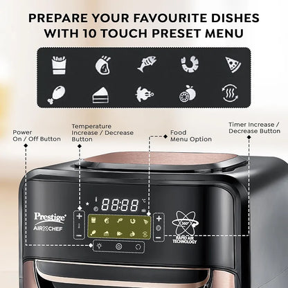 Prestige Air Chef 12 Litre Air Fryer Oven|360 Degree Rapid Air Technology|10 Preset Menus|Unique Multi-Level Design| Smoke-Free Technology|Black & Rose Gold, 1800 Watts