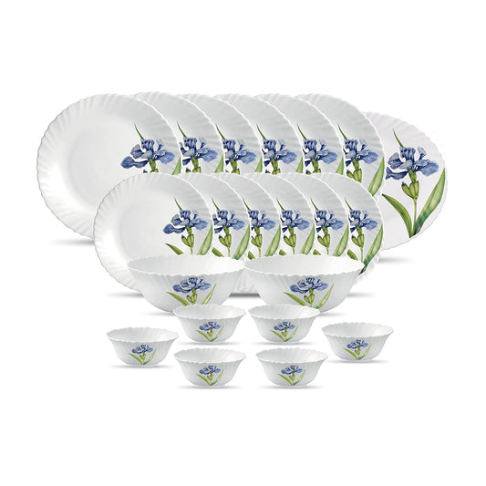 La Opala Diva Classique Collection Opal Glass Crockery | for Family of 6 | Dinner Set 21 pcs Royal Iris | Plates & Bowls for Dining | Microwave Safe | 100% Vegetarian | Extra Strong | White
