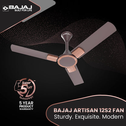 Bajaj Artisan 12S2 1200MM (48") Ceiling Fan | BEE-2 Star Rated Energy Efficient | SUPER 5TUFF TECHNOLOGY™ | SumoTuff Blades | High Air Delivery & High Speed | 5-Yrs Warranty 【Dark Walnut and Wood】