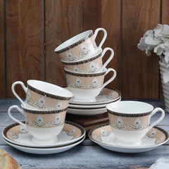 Clay Craft New Georgian Series Fine Ceramic Cup&Saucer Set of 12 (6 Cups+6 Saucers) Red&White Floral Design-Gift to Your Loved Ones On Any Occassions.,Medium (Cc-Cs12-Newgeorgian-S398) 180 Milliliter