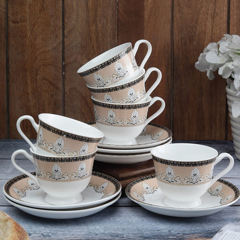 Clay Craft Fine Ceramic Cup&Saucer Set of 12 (6 Tea Cups+6 Saucers) White Pink Floral Can Be Used for Birthdays,Anniversaries,Parties,Mother,Father,Sister,Medium (Cc-Cs12-Cream-S341),180 Milliliter