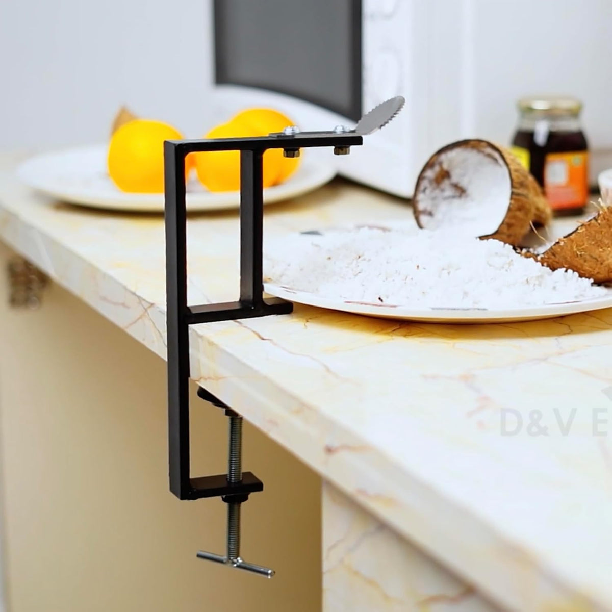 D&V Engineering Heavy-Duty Table-Mount Coconut Scraper & Grater | Sharp 2 mm Stainless Steel Blade, Durable Metal Frame | Easy, Fast Coconut Grating | Fits Up to 3-Inch Slabs, Black Frame