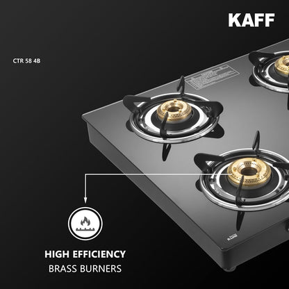 KAFF Cooktop | 4 Burners with Slim Line Design 58 CM | High Efficiency Brass Burners, Black Tempered Glass | Matt Enamelled Pan Support | Black | CTR58-4B