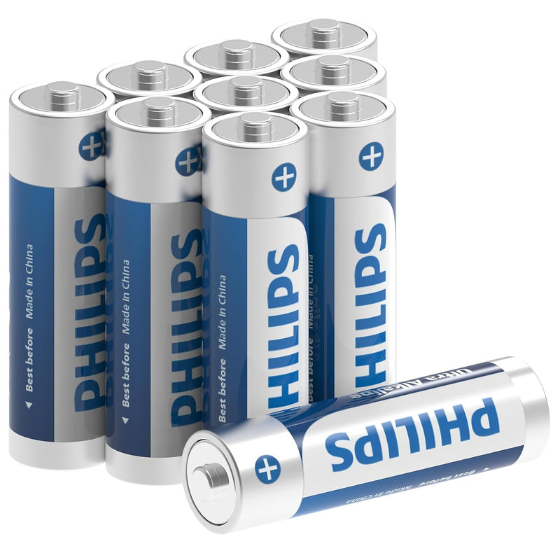 Philips AA Alkaline Battery, 10 Pack Ultra Long-Lasting Performance Battery (Pack of 10)
