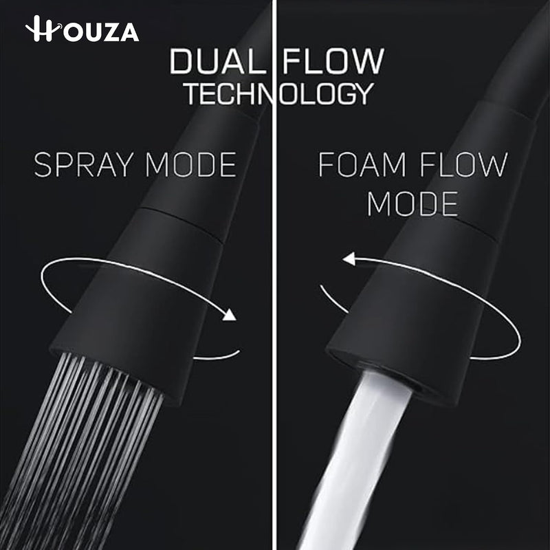 HOUZA Brass Kitchen Sink Tap Faucet with Pull Down Sprayer | Kitchen Tap with 360 Degree Flexible Silicon Swivel Spout | Water Saving Aerated Dual Flow Kitchen Faucet for Sink (Chrome Finish, Black)