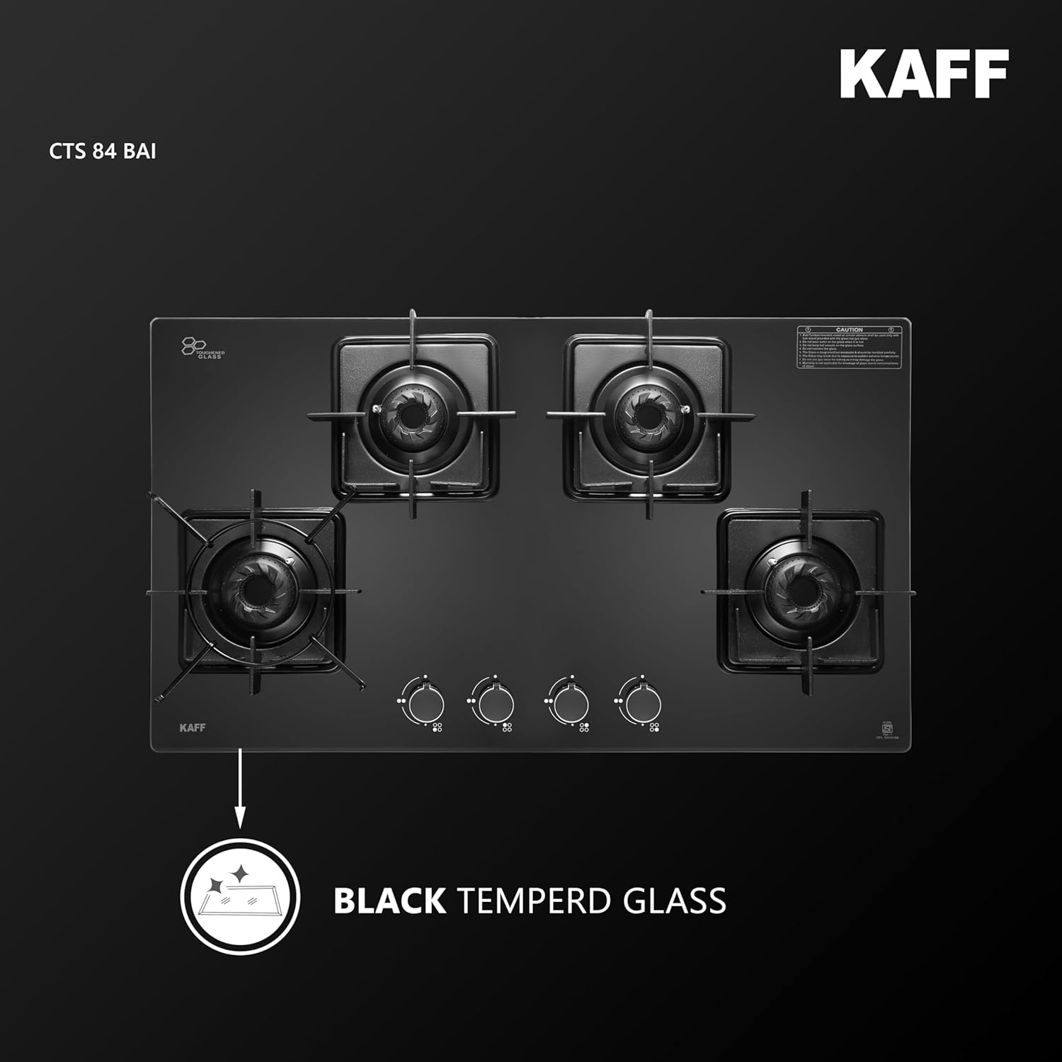 KAFF CTS 84 4B AI Gas Stove/Cooktop 4 Burners with Auto Electric Ignition 84 CM, Black Coated Brass Burners, Slim Line Design, Enamelled Pan Support with Integrated Flame Protector (Black)