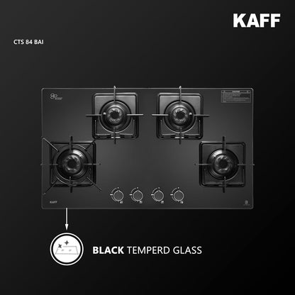 KAFF CTS 84 4B AI Gas Stove/Cooktop 4 Burners with Auto Electric Ignition 84 CM, Black Coated Brass Burners, Slim Line Design, Enamelled Pan Support with Integrated Flame Protector (Black)