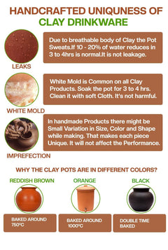 Village Decor Handmade Terracotta Preseasoned Clay Classic Water jug 1.5-2 Liter (Clay jug with lid)