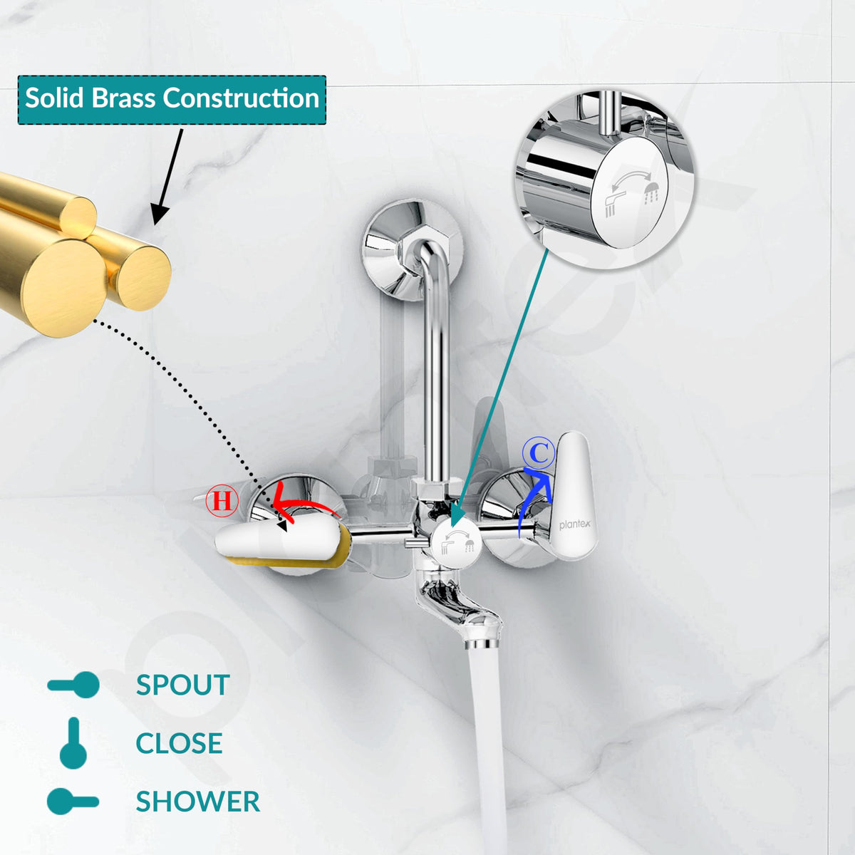 Plantex Pure Brass Wall Mixer for Bathroom 2 in 1 with L-Bend Connector/Tap Mixer/Nickel Chrome Mirror Finish Mixture Tap with Water Saving Aerotor - (DOL-2320-Chrome)-4