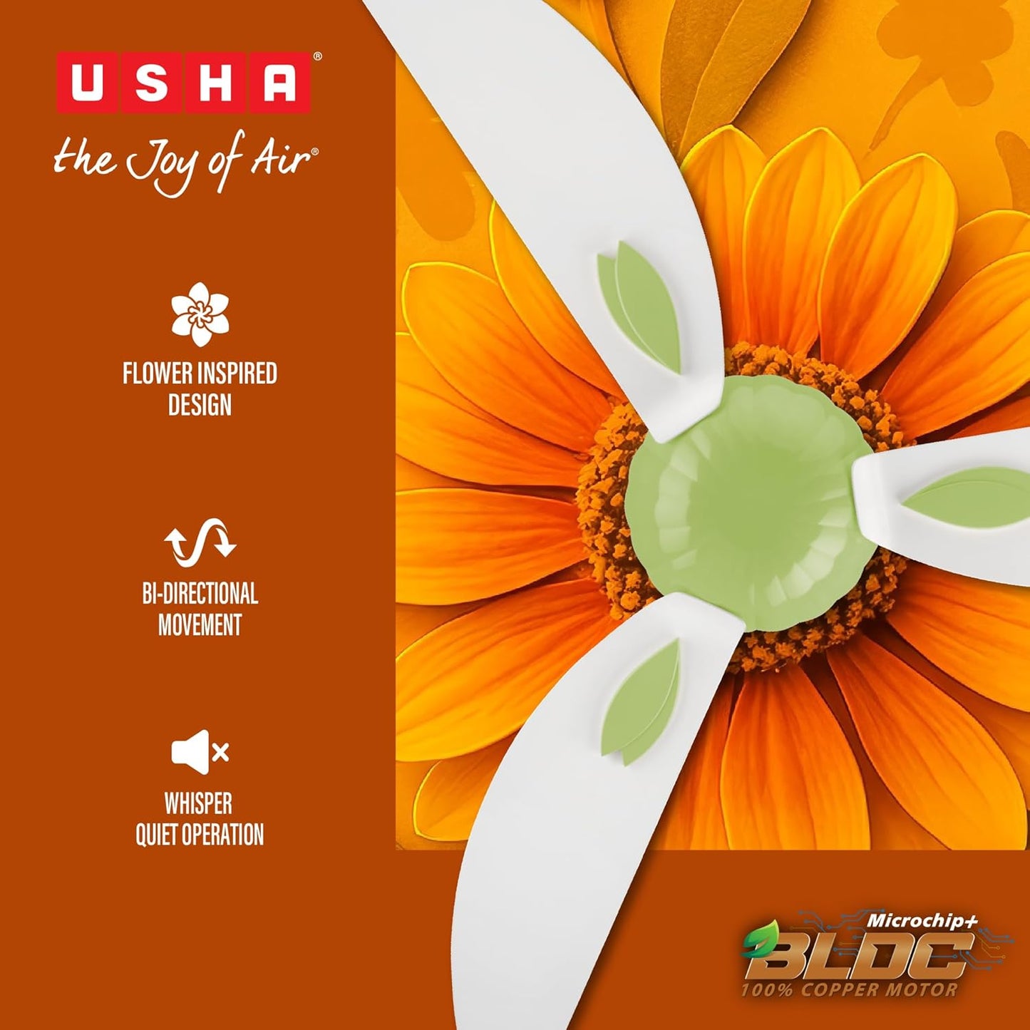 USHA New Bloom Series Helenium (Inspired by Helenium) BLDC Ceiling Fan with Bi-Directional Feature | Sleep/Boost/Timer Modes | RF Remote | Whisper-Quiet | Dust-Resistant (White & Light Green)