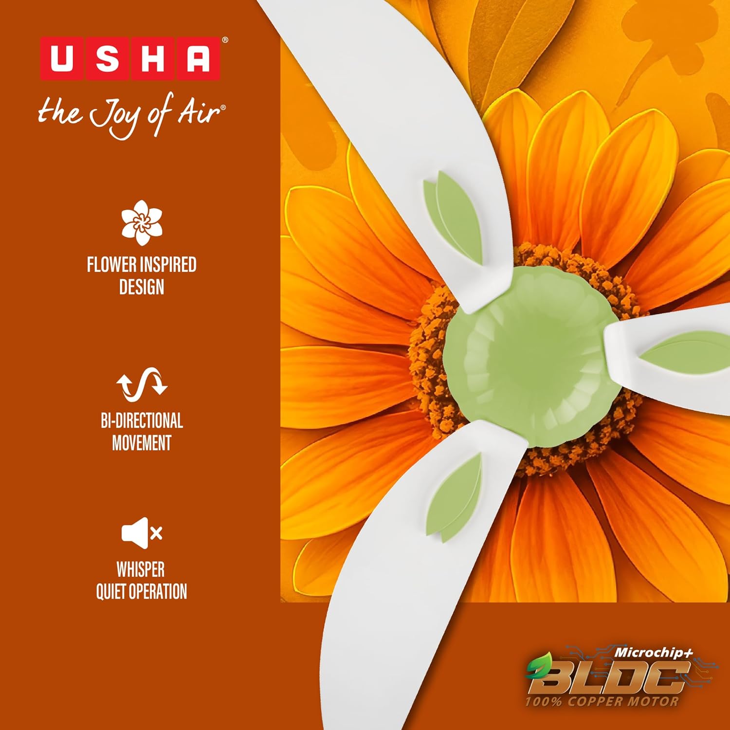 USHA New Bloom Series Helenium (Inspired by Helenium) BLDC Ceiling Fan with Bi-Directional Feature | Sleep/Boost/Timer Modes | RF Remote | Whisper-Quiet | Dust-Resistant (White & Light Green)