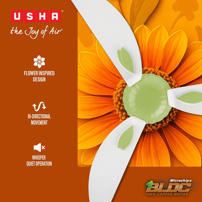 USHA New Bloom Series Helenium (Inspired by Helenium) BLDC Ceiling Fan with Bi-Directional Feature | Sleep/Boost/Timer Modes | RF Remote | Whisper-Quiet | Dust-Resistant (White & Light Green)