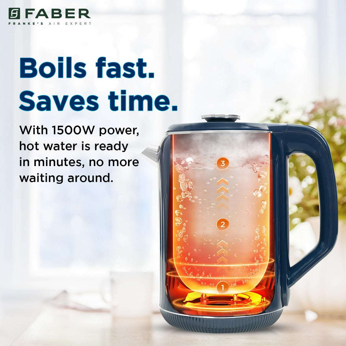 Faber Electric Water Kettle| 1.8L| 1500W| 3X Protection - Auto Off, Dry Boil, Overheating| Double Layered Cool Touch Out